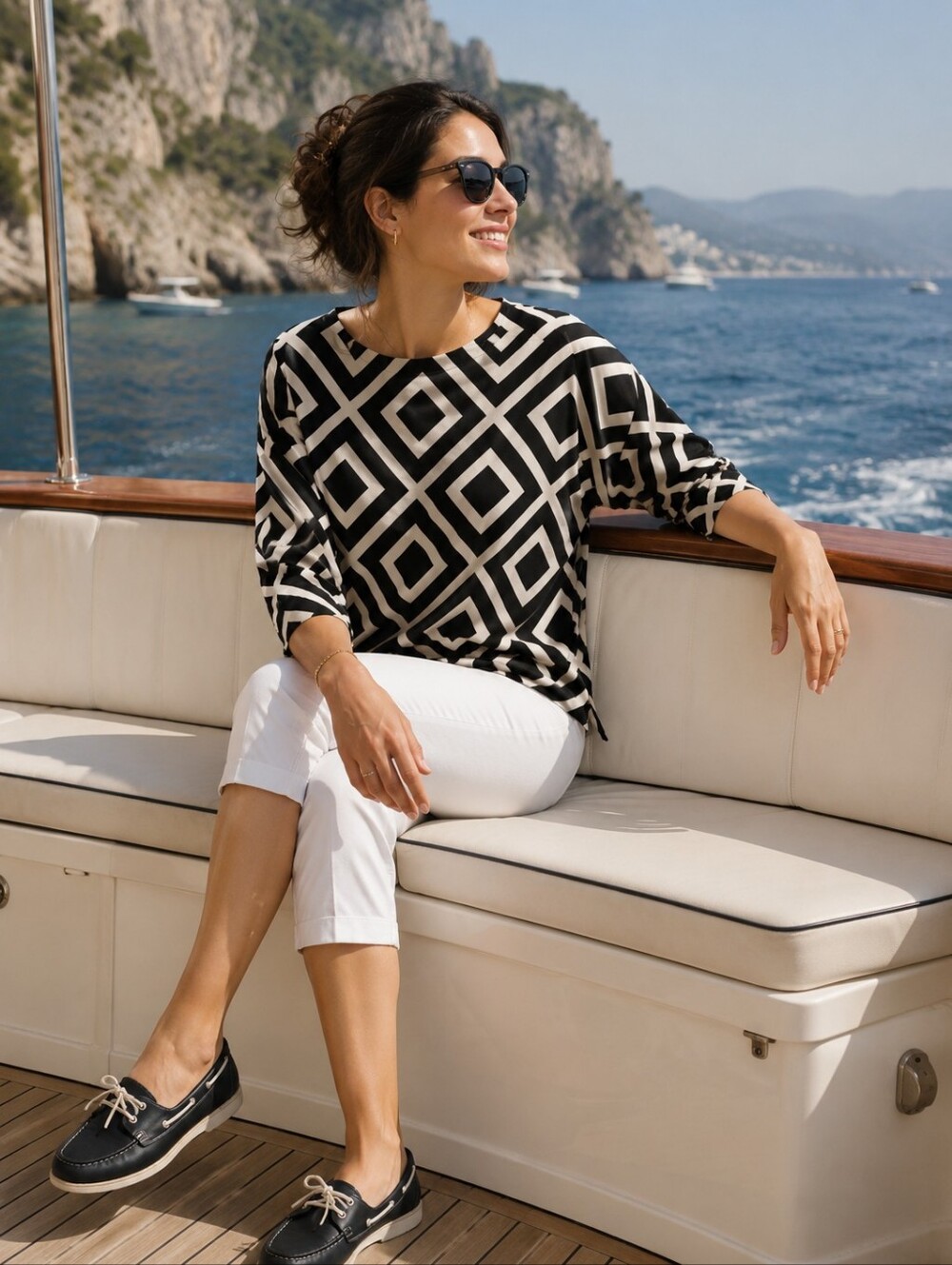 Travelers By Chico's Black & White Geometric Long-Sleeve Top - Chico's Size 0